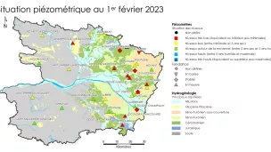 En Maine-et-Loire, 70 % des nappes phréatiques affichaient un niveau bas (en jaune) ou très bas (en rouge) au 1er février 2023. ©BRGM Pays de la Loire