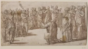 Détail : Lambert Lombard, Auguste et la sibylle de Tibur, dessin préparatoire à l’un des tableaux du cycle des Femmes héroïque de l’Antiquité, dimensions inconnues, Budapest, Musée des Beaux-Arts. © IRPA-KIK, Bruxelles.