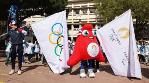 Les mascottes de Paris 2024 à Nice à l'occasion de la Semaine olympique et paralympiques (SOP), le 03/04/2023 ©ARIE BOTBOL / Hans Lucas