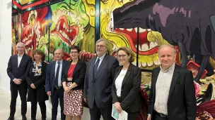 De gauche à droite : Philippe Lafrique, VP Nouvelle-Aquitaine, Valérie Bertin présidente de Creuse Grand sud, Jean-Jacques Lozach sénateur, Anne Frackowiak-Jacobs préfète de la Creuse, Philippe Nauche, élu de Brive, Valérie Simonet, pdt CD et Emmanuel Gérard, directeur de la Cité de la Tapisserie ©LucieMontibusOSullivan