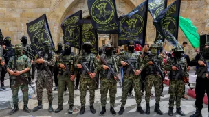 Des partisans du Hamas et du Jihad islamique participent a un rassemblement dans la bande de Gaza en avril 2022 / Photographie Abed Rahim Mohammed / Hans Lucas.