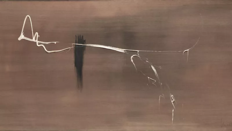 Hommage à Adam du Petit Pont, 1954 Signée et datée en bas à droite « Mathieu 54 » Huile sur toile 97 x 195 cm