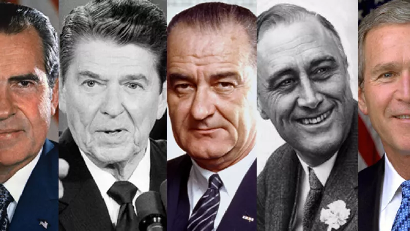 Wikimédia Commons / De g. à dr.: R. Nixon, R. Reagan, L. B. Johnson, F. D. Roosevelt, G. W. Bush