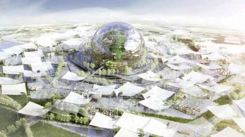 Le village de l'exposition universelle 2025 sur le plateau de Saclay, tel que le conçoit le comité Expo 2025