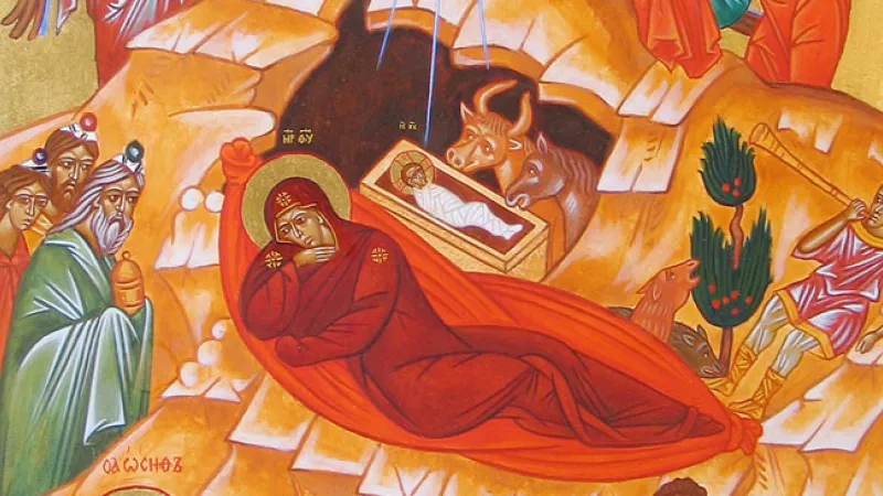 Wikimédia Commons - La Nativité, sur cette icône de Novgorod, représente Marie qui offre son enfant au monde