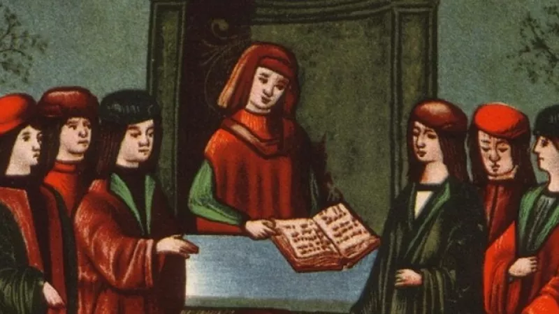 Wikimedia commons - L'entrée d'étudiants dans la section allemande de l'université de Bologne, la Natio Germanica Bononiae, miniature de 1497
