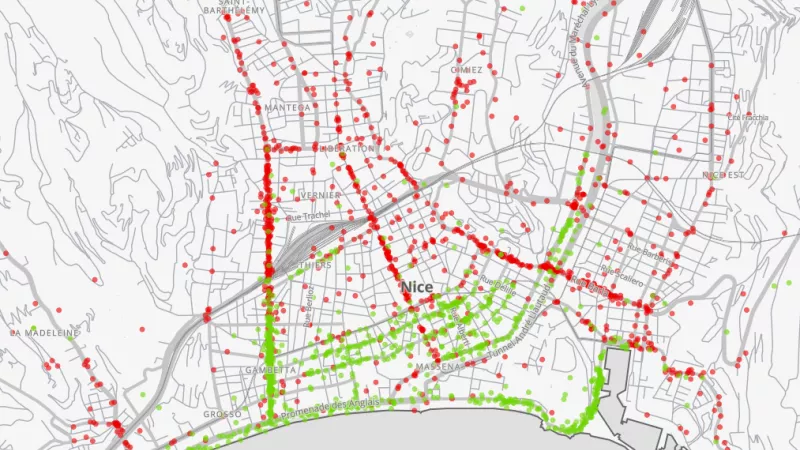 La carte pointe les lieux sécurisés pour les déplacements à vélo et ceux à améliorer selon les usagers - Visuel Baromètre des villes cyclables
