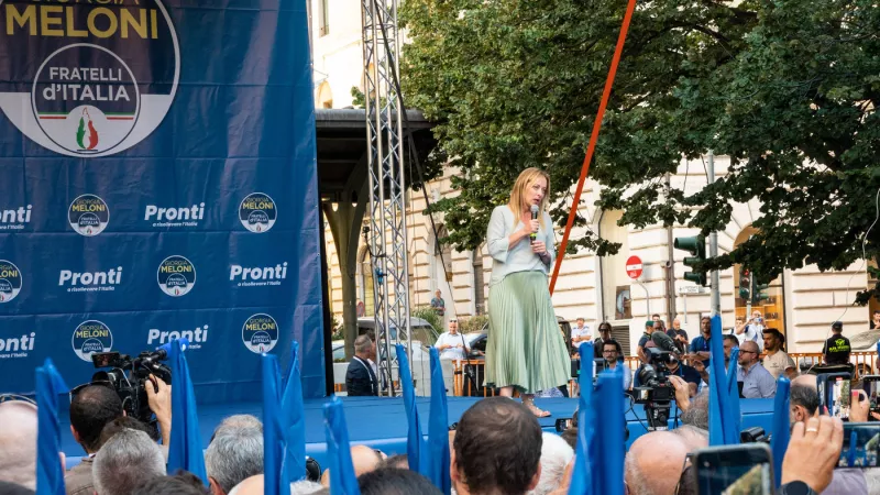 Giorgia Meloni, leader du parti Frères d'Italie, en campagne électorale, le 23/08/2022 à Ancône, Italie ©Riccardo Milani / Hans Lucas