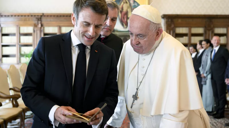 © Photograph by Vatican Media / Catholic Press Photo / HANS LUCAS. Emmanuel Macron en visite au Vatican, le 24 octobre 2022.