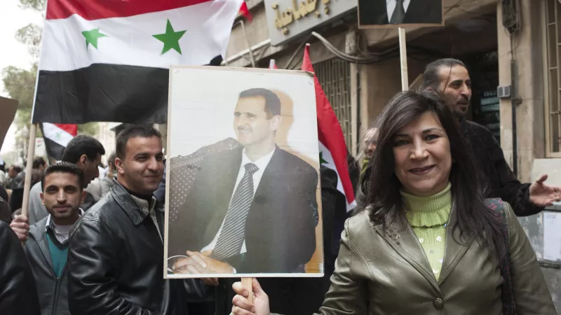 11 janvier 2012, Damas, Syrie. Manifestants en faveur de Bachar el-Assad dans la vieille ville de Damas pendant la guerre civile.  ©Hans Lucas