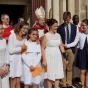 Titre événements diocésains sur fond rouge de rubrique actualité avec en bas le toit et le clocher de la maison du diocèse de Nevers