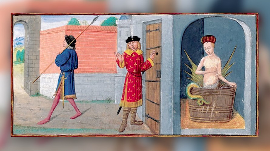 Wikimédia Commons - Mélusine en son bain, épiée par son époux Raimondin. Roman de Mélusine par Jean d'Arras, vers 1450-1500. BNF Fr.24383, f.19.