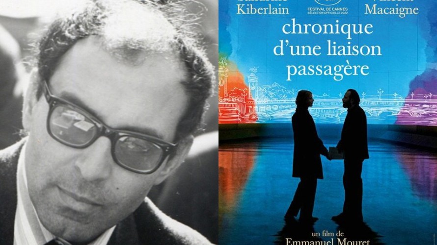Jean-Luc Godard en 1968 ©Wikimédia Commons ; Affiche du film "Chronique d’une liaison passagère" d'Emmanuel Mouret