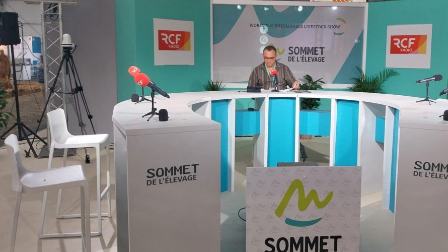 Le plateau de RCF installé au milieu des bovins dans le hall 3 de la Grande halle d'Auvergne pour le Sommet de l'élevage ©RCF