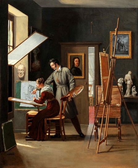 Paul-Claude-Michel Carpentier (1787-1877), « Un peintre dans son atelier donnant des conseils à sa jeune élève », 1825, Huile sur toile, 73,1 x 60,5 cm. Signé et daté en bas à gauche : Carpentier / 1825. © TALABARDON & GAUTIER