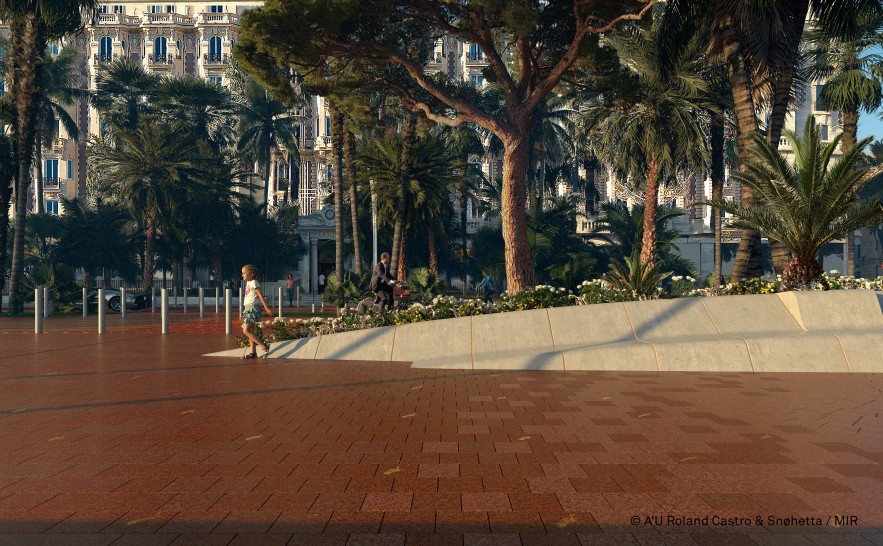 Du mobilier sur mesure, spécialement conçu pour la Croisette. Les chaises bleues restent sur le bord de mer - Image projet susceptible d’évoluer- Document provisoire ©A’U Roland Castro & Snøhetta /MIR