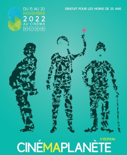 L'affiche du festival, signée Arthur ANTINARELLA, représentant de gauche à droite Alfred Hitchcock, Greta Thunberg et Charlie Chaplin. 