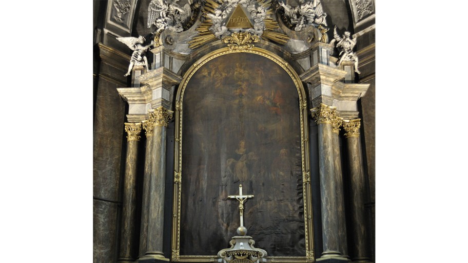 Théodore-Edmond Plumier, Martyre de sainte Catherine, toile, env. 640 x 340 cm, Liège, église Sainte-Catherine, tableau avant accident. Cliché D.R.