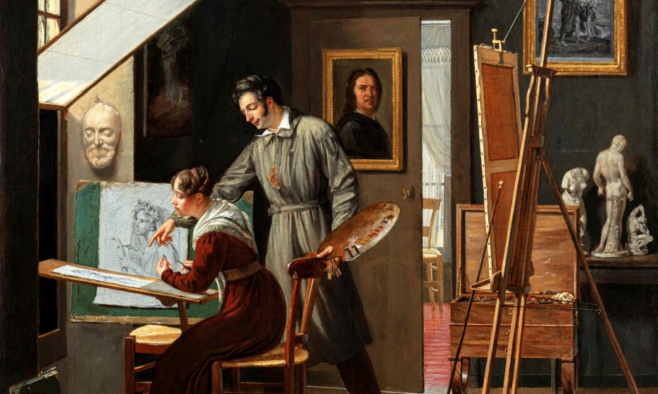 Paul-Claude-Michel Carpentier (1787-1877), « Un peintre dans son atelier donnant des conseils à sa jeune élève », 1825, Huile sur toile, 73,1 x 60,5 cm. Signé et daté en bas à gauche : Carpentier / 1825. © TALABARDON & GAUTIER